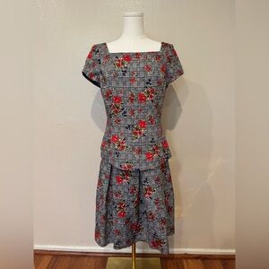 Oscar de la Renta Red Floral Houndstooth Midi Dress